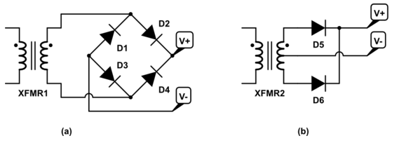 Full-Wave Bridge Rectifier vs. Center-Tap Rectifier Circuit Diagrams